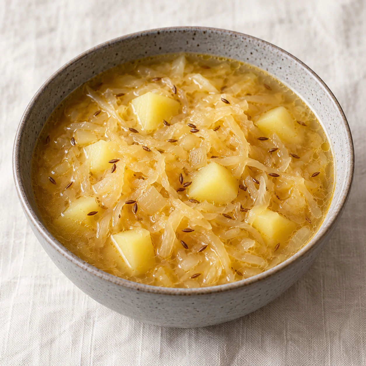KI-Illustration einer Schale Sauerkraut & Kartoffel